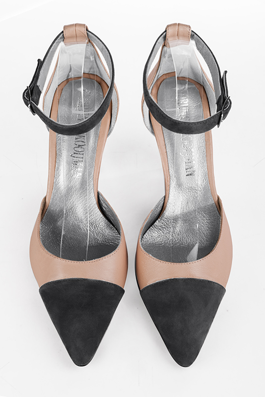 Dark grey and powder pink women's open side shoes, with a strap around the ankle. Tapered toe. Very high cone heels. Top view - Florence KOOIJMAN